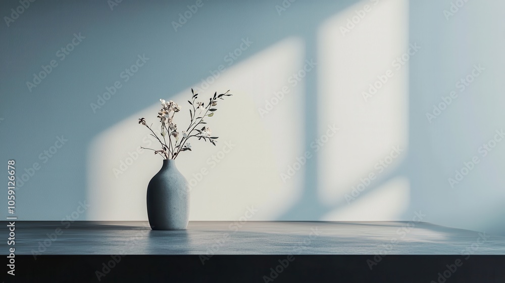 A minimalist still life featuring a gray vase with delicate flowers, casting soft shadows in a tranquil setting. A minimalist still life featuring a gray vase with delicate flowers, casting soft shadows in a tranquil setting.
