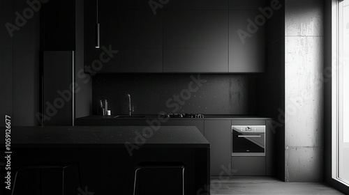 Modern minimalist kitchen in a sleek black design, featuring dark cabinetry and stainless steel appliances.