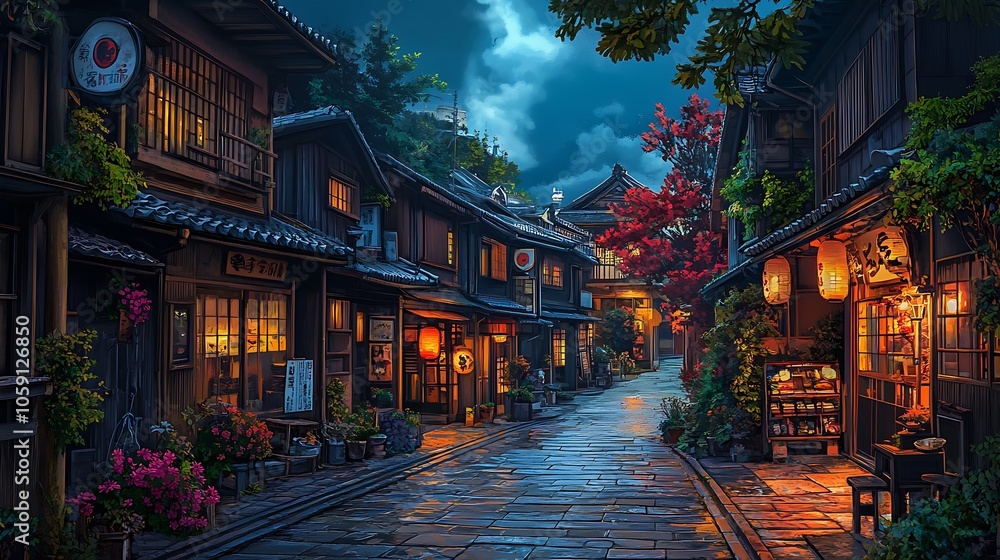 A serene night scene of a traditional street lined with wooden buildings, lanterns, and vibrant foliage. A serene night scene of a traditional street lined with wooden buildings, lanterns, and vibrant foliage.