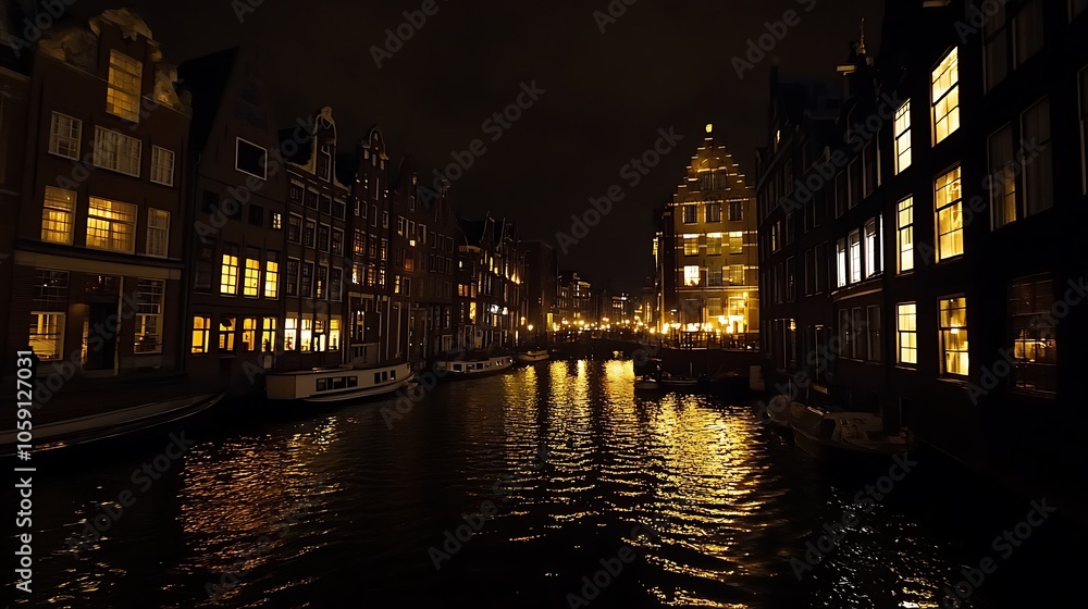A serene nighttime view of a canal lined with illuminated historic buildings reflecting on the water. A serene nighttime view of a canal lined with illuminated historic buildings reflecting on the water.