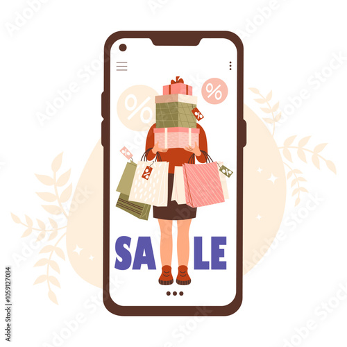 Online Shopping. Woman in phone with bunch of packages and gift boxes. Seasonal Sale. Vector illustration. Holiday shopper character. Shop in smartphone