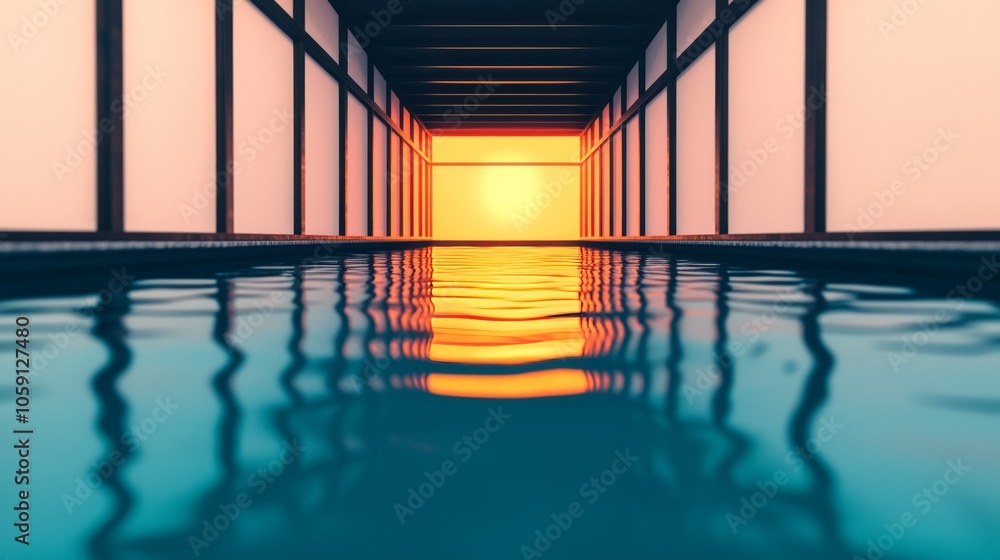 A serene pool with a sunset view through a traditional Japanese architecture corridor. A serene pool with a sunset view through a traditional Japanese architecture corridor.