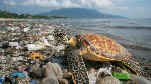 Turtle Navigating Through Ocean Pollution photo