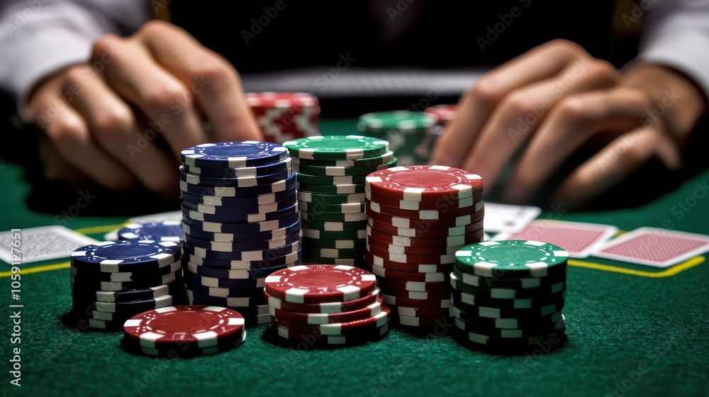 A high-stakes poker game in a luxurious casino, with players intensely focused and chips stacked high on the table A high-stakes poker game in a luxurious casino, with players intensely focused and chips stacked high on the table