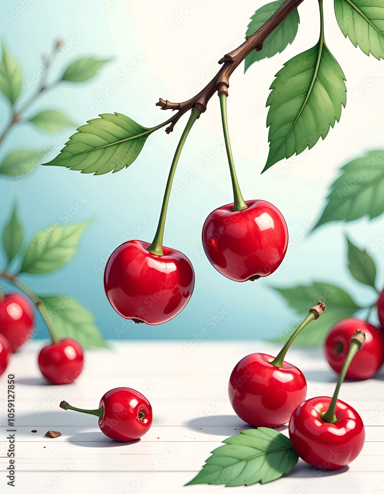 Fresh Red Cherries Pattern with Green Leaves on White Background with Dots Fresh Red Cherries Pattern with Green Leaves on White Background with Dots