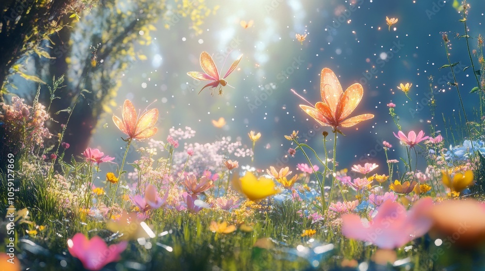 Enchanted Meadow with Giant Flowers and Butterflies Enchanted Meadow with Giant Flowers and Butterflies