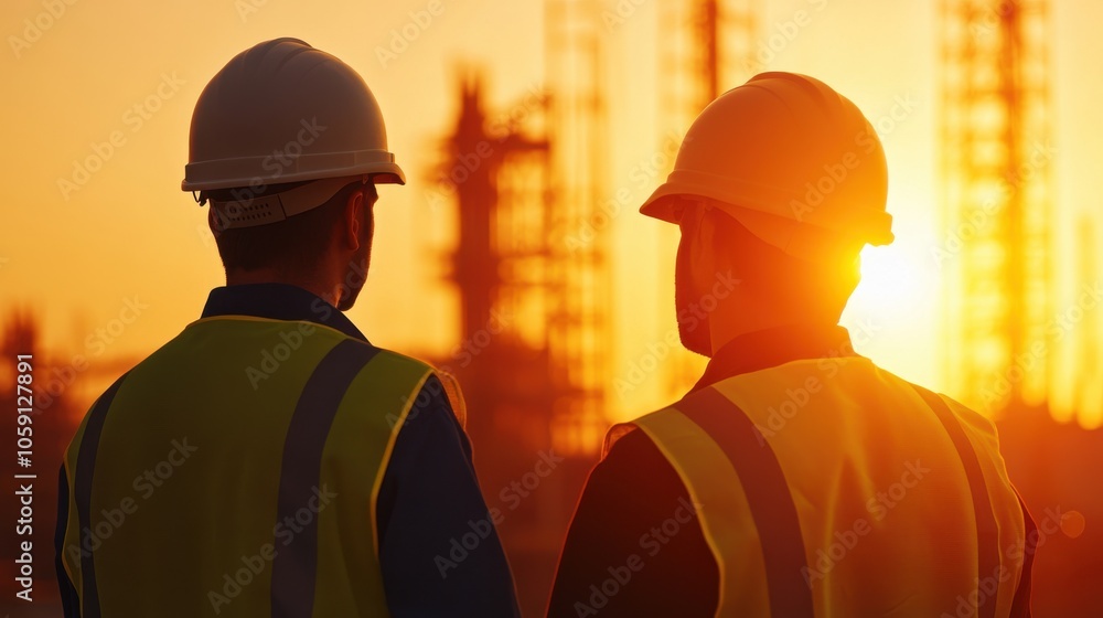 Engineers Engaged in Discussion at Sunset Engineers Engaged in Discussion at Sunset