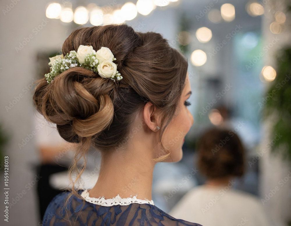 Fototapeta premium Fryzura ślubna z kwiatami upięcie kok