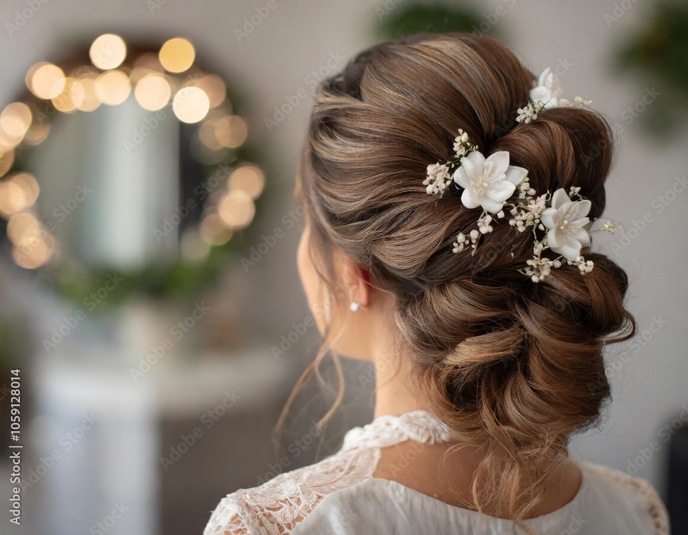 Fototapeta premium Fryzura ślubna z kwiatami upięcie ślubne
