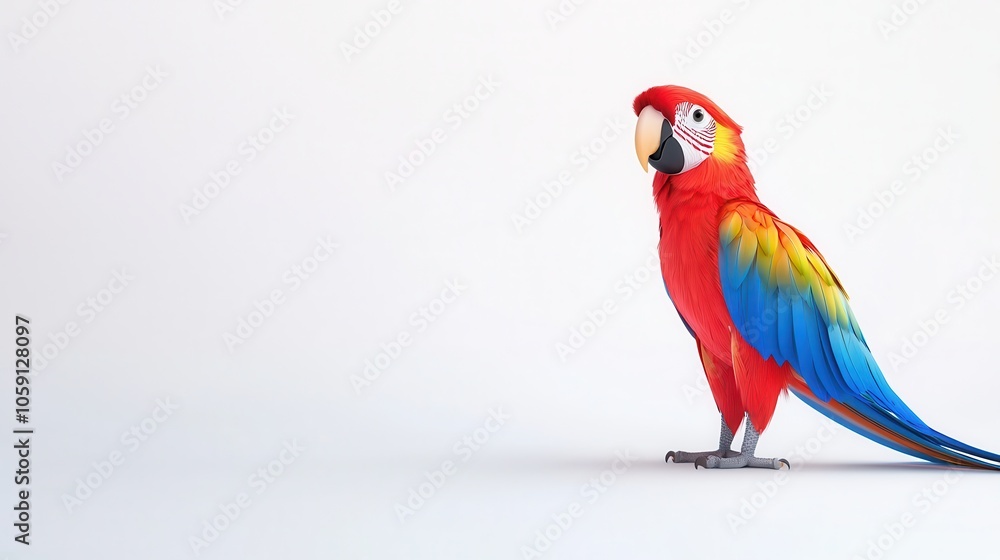 Obraz premium A vibrant scarlet macaw perched elegantly, showcasing stunning red and blue plumage against a minimalist background.