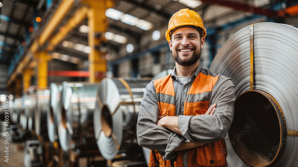 Smiling engineer posing with crossed arms in steel factory Smiling engineer posing with crossed arms in steel factory