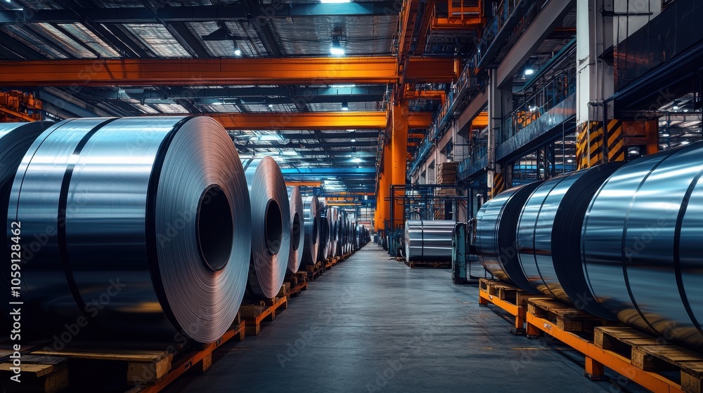 Rolls of steel sheets in warehouse with bright lighting, industrial scene Rolls of steel sheets in warehouse with bright lighting, industrial scene