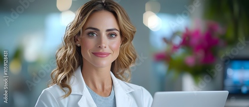 Friendly Caucasian female doctor in a white medical coat delivering a telemedicine consultation on a laptop providing remote health advice and care to a patient photo