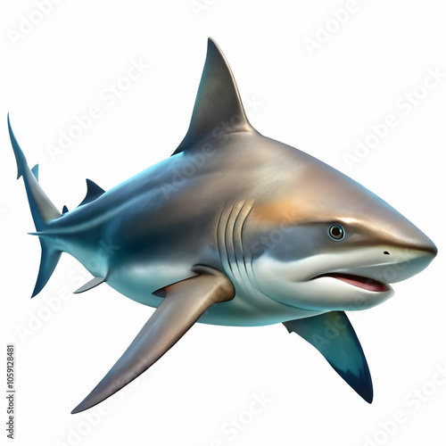 A solitary bull shark patrolling the depths of an expansive ocean, its sleek silhouette contrasting against the soft hues of an ethereal, blurred seascape, offering ample copy space