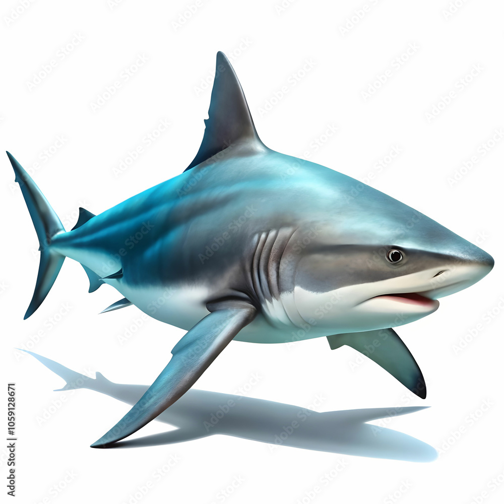 Fototapeta premium A solitary bull shark patrolling the depths of an expansive ocean, its sleek silhouette contrasting against the soft hues of an ethereal, blurred seascape, offering ample copy space