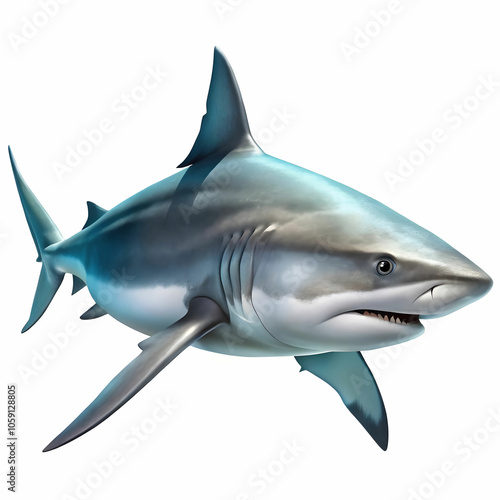 A solitary bull shark patrolling the depths of an expansive ocean, its sleek silhouette contrasting against the soft hues of an ethereal, blurred seascape, offering ample copy space