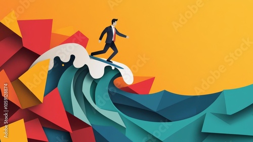 Businessman surfing through waves of social media interactions and online engagement, digital business, wave metaphor photo