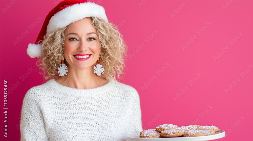 Cheerful Mature Woman in Santa Hat Holding Tray of Christmas Cookies, Isolated on Pink, Festive Holiday Greeting Card with Copy Space. Cheerful Mature Woman in Santa Hat Holding Tray of Christmas Cookies, Isolated on Pink, Festive Holiday Greeting Card with Copy Space.