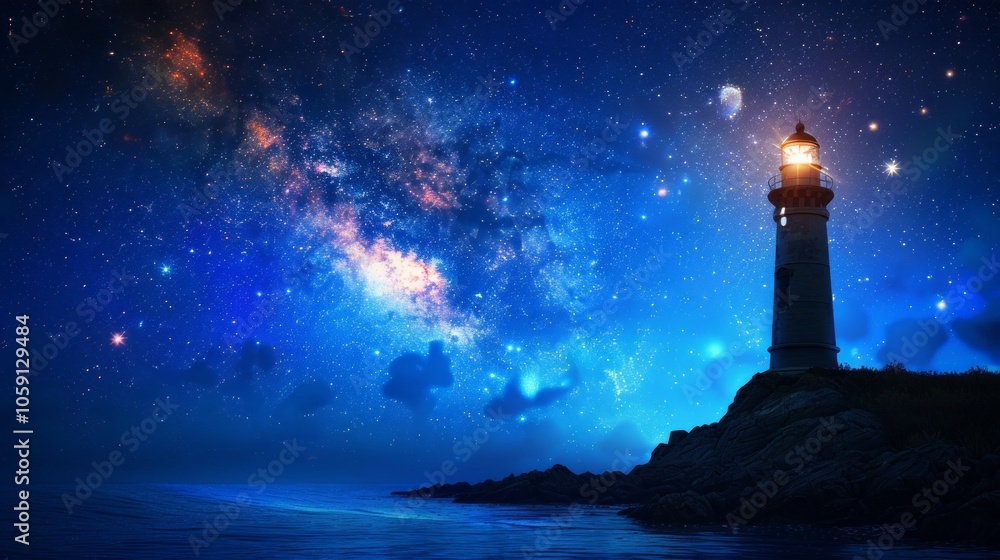 Silhouetted lighthouse on a rocky coast under a starry sky with the Milky Way. AI generative. . Silhouetted lighthouse on a rocky coast under a starry sky with the Milky Way. AI generative. .