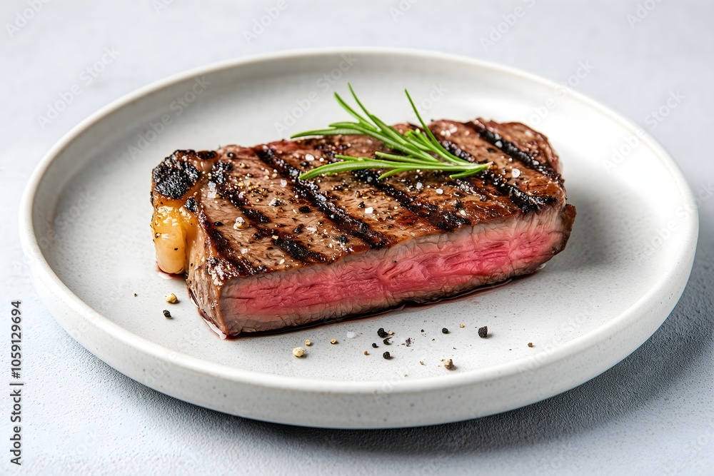 Medium rare beef steak with rosemary on white plate, premium meat quality and culinary expertise concept Medium rare beef steak with rosemary on white plate, premium meat quality and culinary expertise concept