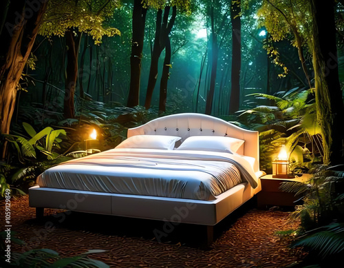 an empty bed in a magical forest, wonderful sleep, fantastically good sleep, wonderful mattresses photo