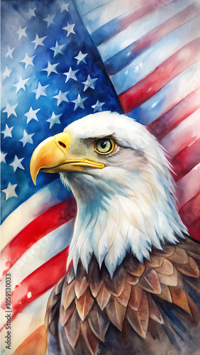 A Stunning Portrait of a Bald Eagle Against the Backdrop of the USA Flag Symbolizing Freedom and Patriotism