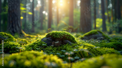 Vibrant Forest Scene with Moss and Dappled Sunlight