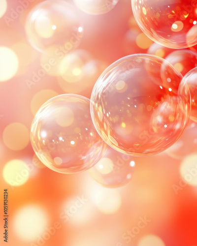 Translucent bubbles floating against warm, soft focus background, creating dreamy atmosphere. Ideal for festive or celebratory themes