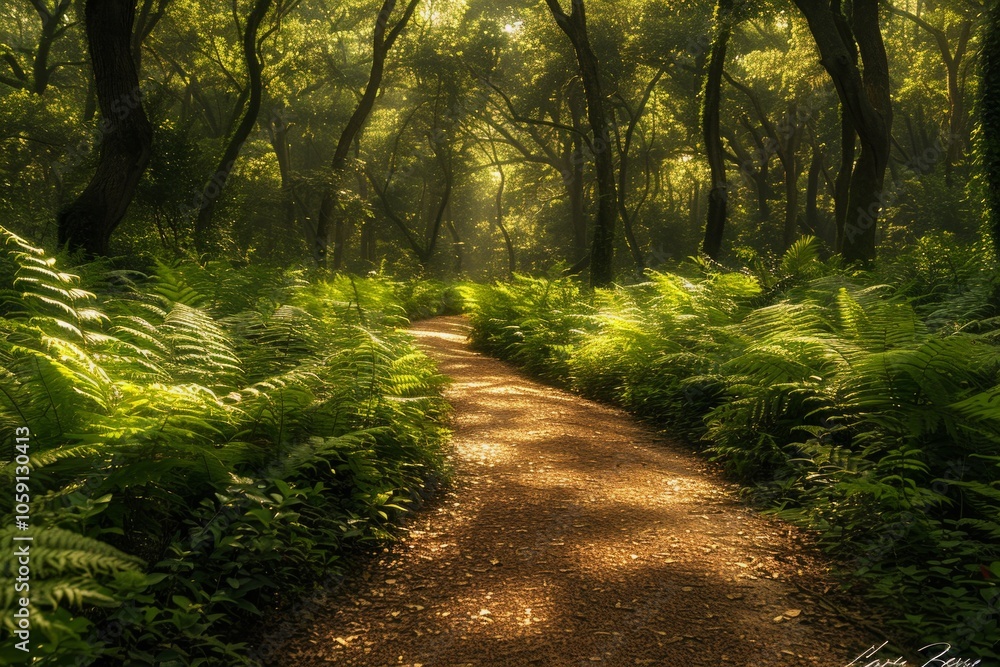 Fototapeta premium Sunbeams illuminate a path winding through a verdant forest, framed by lush ferns. AI generative. .