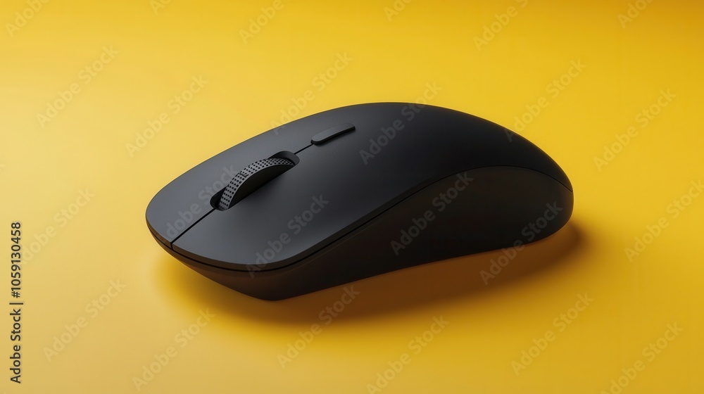 A sleek black computer mouse positioned elegantly on a vibrant yellow background. A sleek black computer mouse positioned elegantly on a vibrant yellow background.
