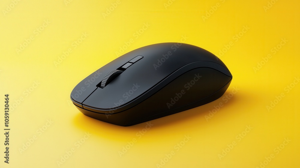 A sleek black computer mouse on a vibrant yellow background, showcasing a modern design perfect for tech enthusiasts. A sleek black computer mouse on a vibrant yellow background, showcasing a modern design perfect for tech enthusiasts.