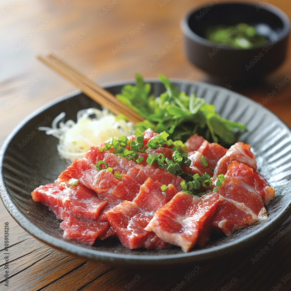 fresh sliced raw meat with green onions on a plate fresh sliced raw meat with green onions on a plate