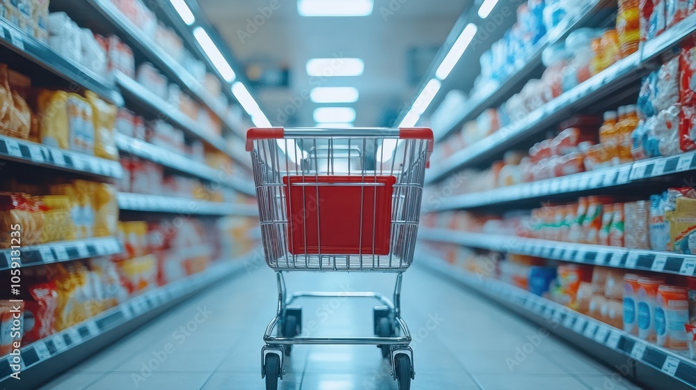 Empty shopping cart in a supermarket aisle. (4) Empty shopping cart in a supermarket aisle. (4)