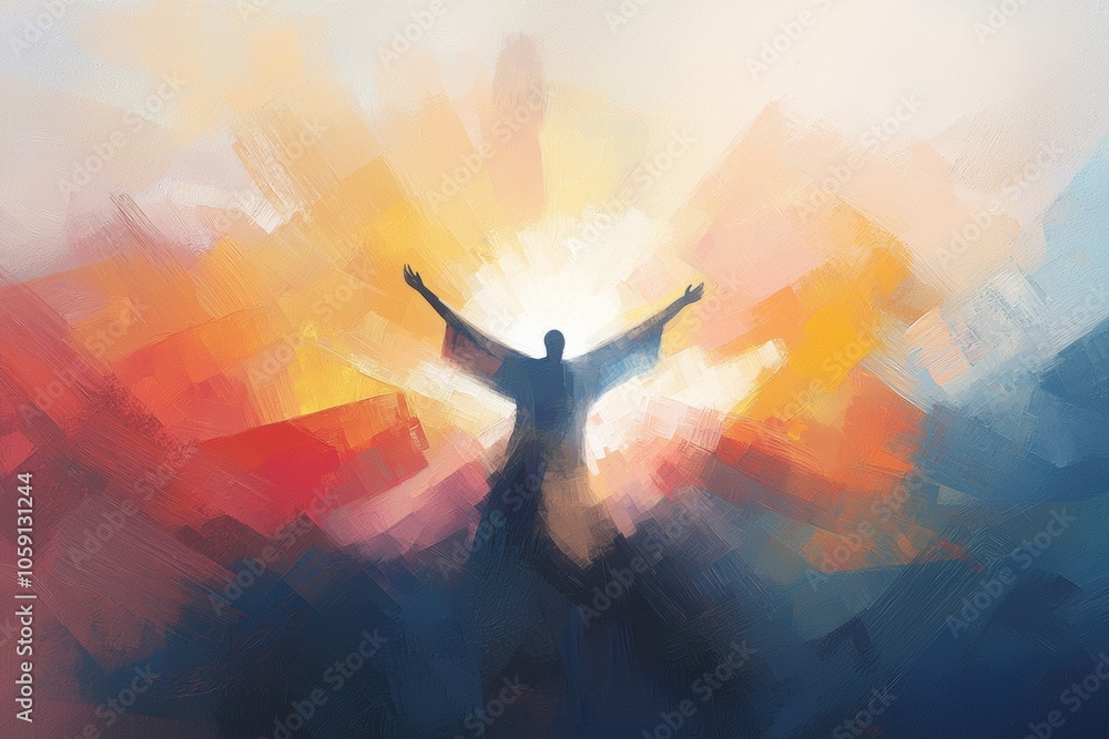 A figure with outstretched arms stands against a vibrant sunrise, symbolizing hope and spiritual awakening in an ethereal landscape A figure with outstretched arms stands against a vibrant sunrise, symbolizing hope and spiritual awakening in an ethereal landscape