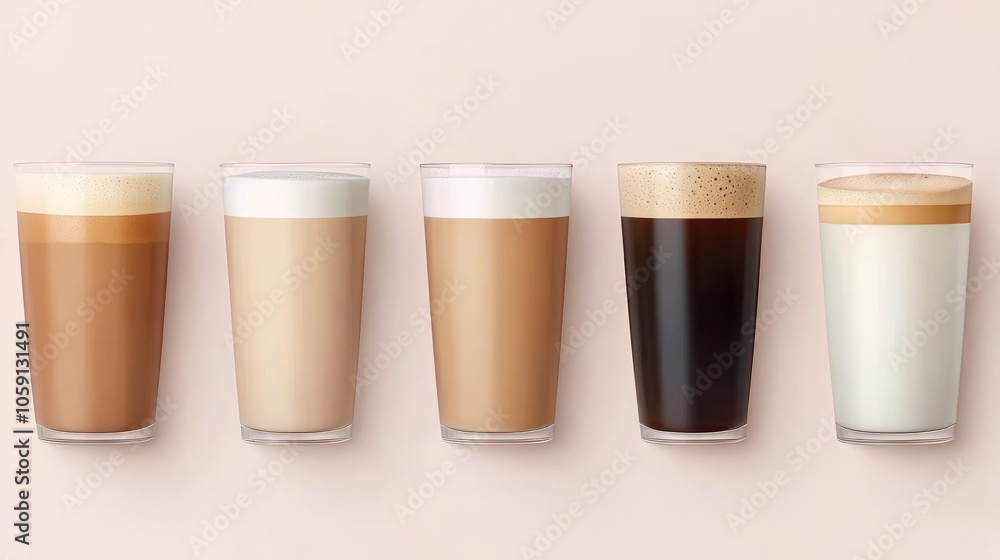 Five glasses of coffee and milk, arranged in a row on a pink background. Five glasses of coffee and milk, arranged in a row on a pink background.