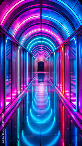 A Stunning Visualization of a Tunnel Gallery Hallway Illuminated by Glowing Neon Lights in Pink Shades, Perfect for Art and Event Illustrations