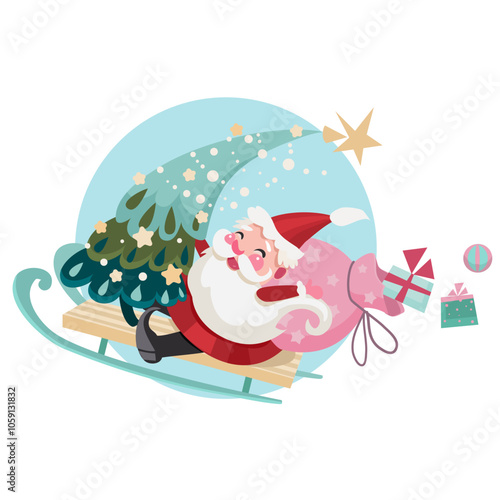 Illustration with a cheerful Santa Claus Illustration of a cheerful Santa Claus riding on a sleigh and holding a Christmas tree and a bag with gifts, cartoon children's style.