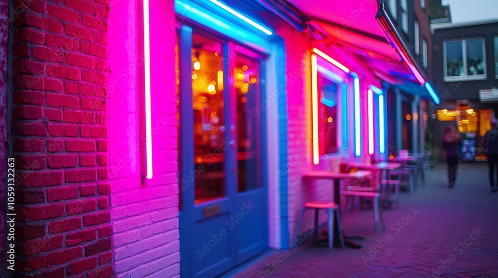 Neon signs illuminate a cafe in a European city. Neon signs illuminate a cafe in a European city.