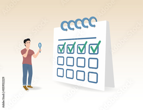 ilustração_3.12research for new developments, analysis of information to complete tasks, reporting process, man with magnifying glass checking completed steps on calendar, vector illustration
