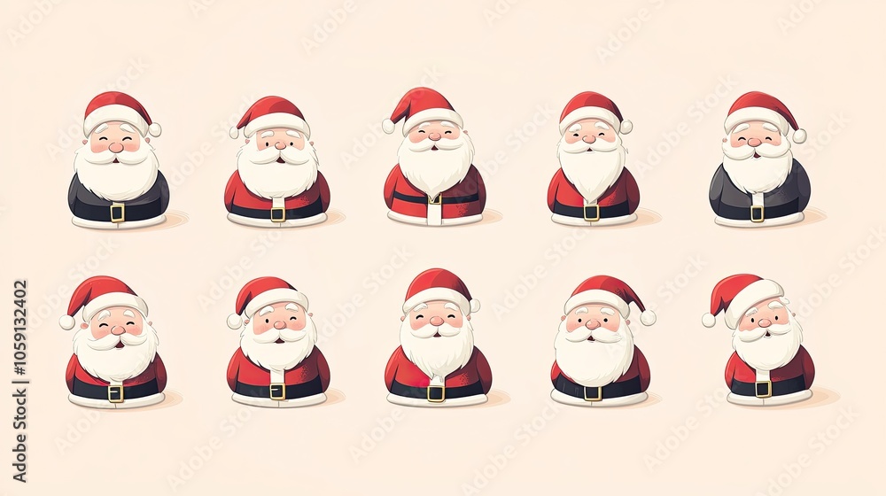 Illustration of Santa Claus's different moods, from jolly to mischievous, in 7 rows and 10 columns, against light pastel-colored backgrounds. Illustration of Santa Claus's different moods, from jolly to mischievous, in 7 rows and 10 columns, against light pastel-colored backgrounds.