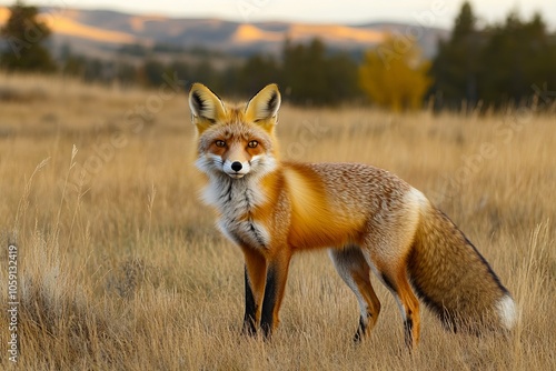 A red fox standing in a field of tall grass