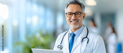 Portrait of senior male doctor wearing glasses and a white coat engaged in a video consultation on a laptop computer in a medical office setting  The doctor has a friendly