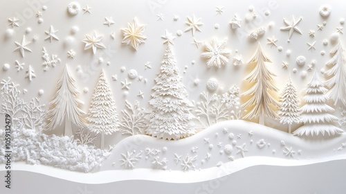 Intricate paper bas-relief of Christmas elements, including stars and trees, showcasing the holiday season with a textured and artistic touch. 