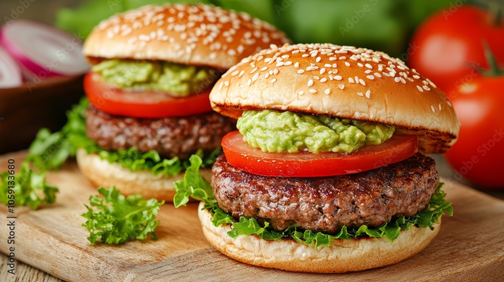 Two juicy beef burgers with fresh lettuce, tomato, and avocado on a wooden board. Two juicy beef burgers with fresh lettuce, tomato, and avocado on a wooden board.
