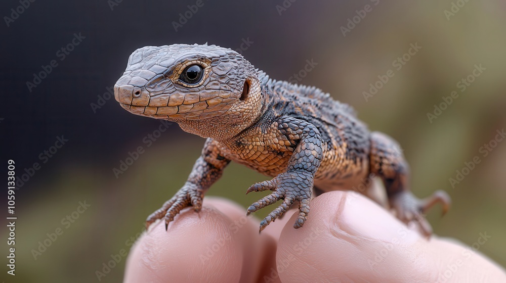 Fototapeta premium A close-up of a small lizard being held gently in a person's hand, showcasing its textured skin and curious expression.