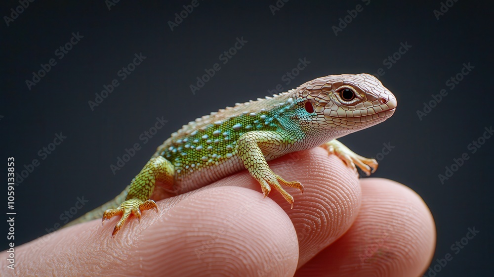 A vibrant lizard perched on a human finger, showcasing its intricate scales and bright colors. A vibrant lizard perched on a human finger, showcasing its intricate scales and bright colors.