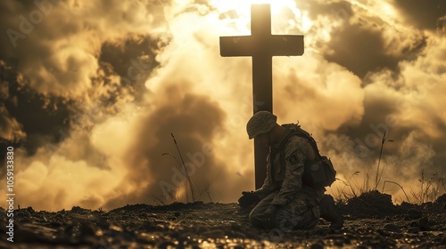 A soldier kneels in prayer beneath the cross, seeking strength and divine guidance