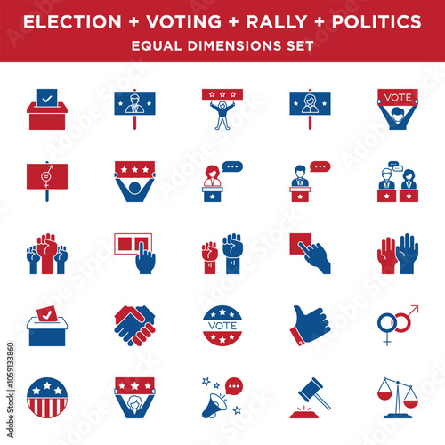 Two Color Political Election and Voting Icons Set with equal size dimensions and line widths in Vector Format