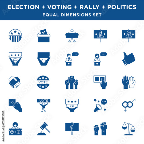 Solid Line Political Election and Voting Icons Set with equal size dimensions and line widths in Vector Format