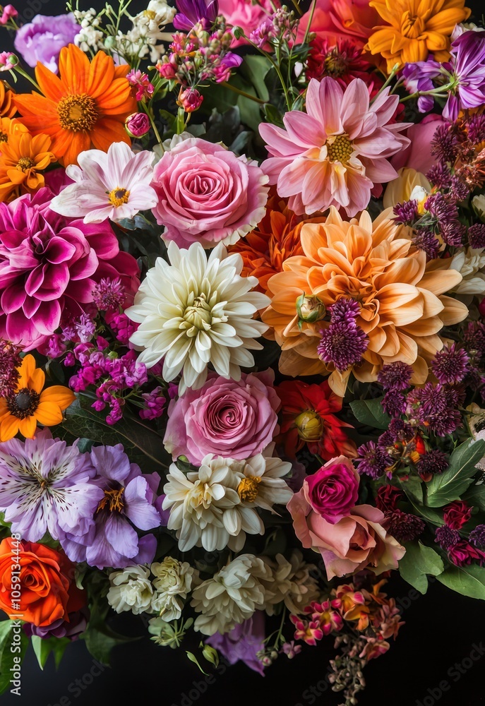 An artistic display of colorful flowers arranged in a vase, with the deep black background enhancing the vibrancy and beauty of each bloom. An artistic display of colorful flowers arranged in a vase, with the deep black background enhancing the vibrancy and beauty of each bloom.